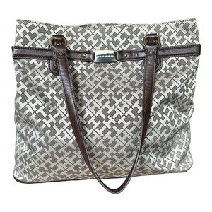 NEW Tommy Hilfiger Large Beige Tote Bag Brown Leather Trim